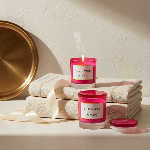 Deux bougies parfumées Rose & Musk Karamat présentées en cadeau