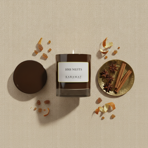 Bougie parfumée 1001 Nuits Karamat à plat avec épices et ambre
