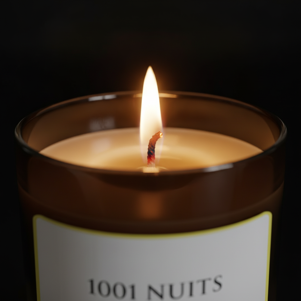 Bougie parfumée 1001 Nuits Karamat allumée sur une console en travertin