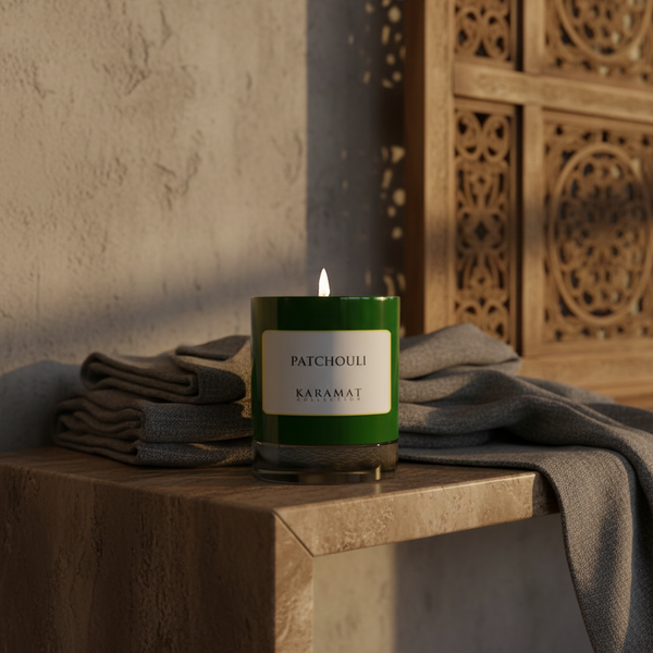 Bougie parfumée Patchouli Karamat allumée sur une console en pierre