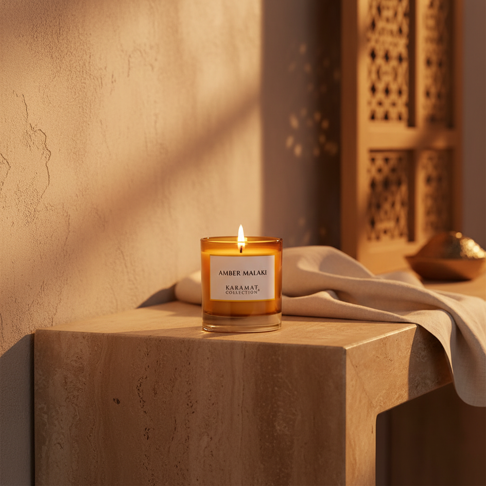 Bougie parfumée Amber Malaki Karamat allumée sur une console en travertin