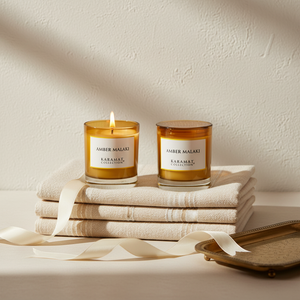Deux bougies parfumées Amber Malaki Karamat présentées en cadeau
