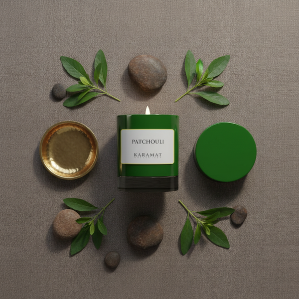 Bougie parfumée Patchouli Karamat à plat avec feuilles de patchouli