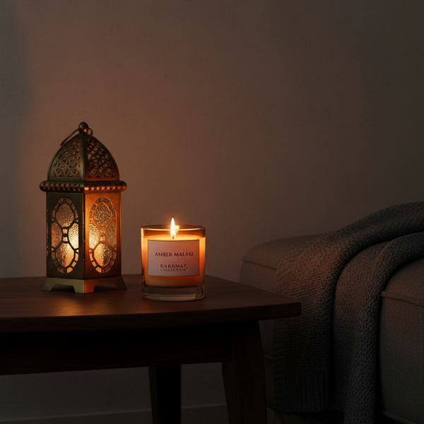 Bougie parfumée Amber Malaki Karamat allumée le soir près d'une lanterne