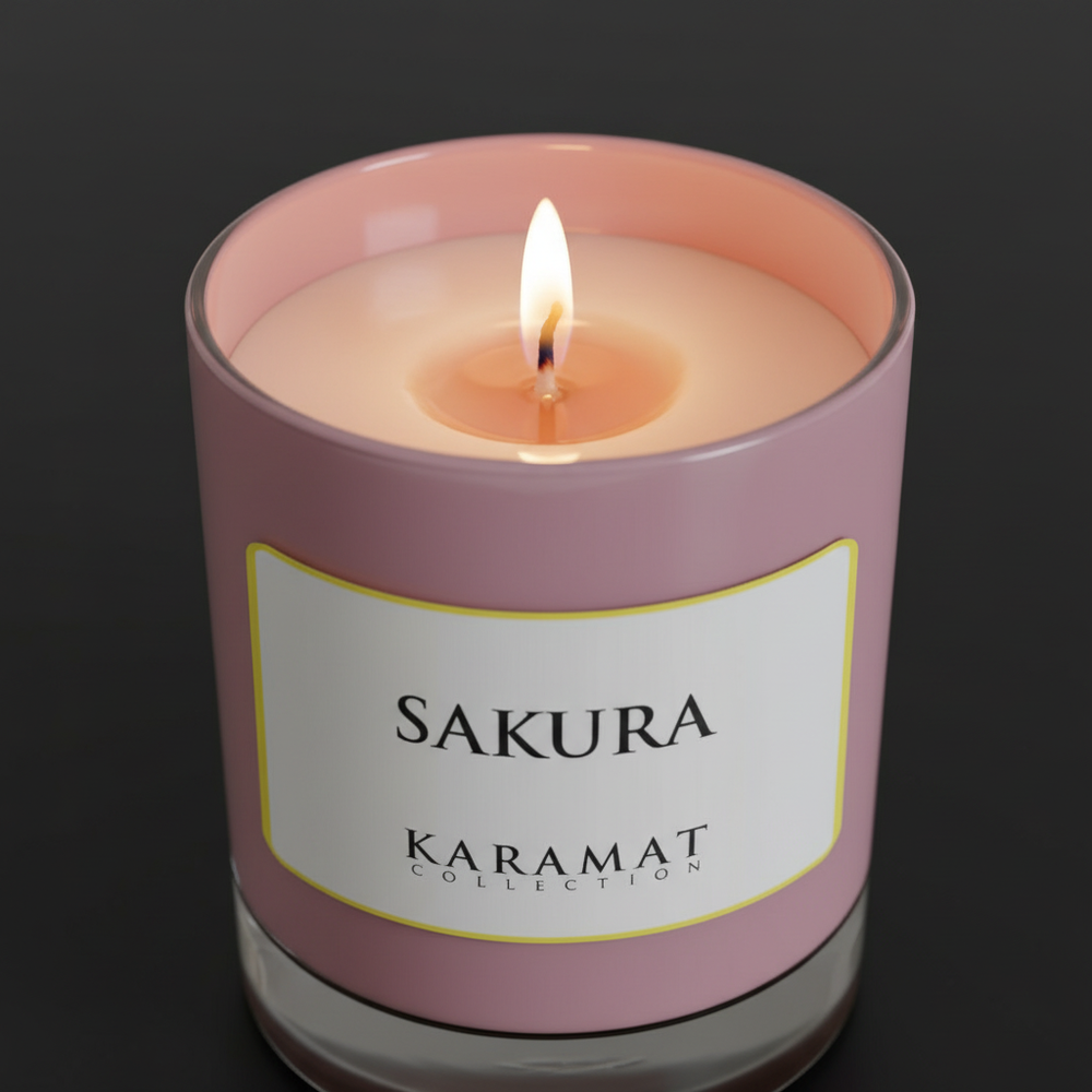 Bougie parfumée Sakura Karamat allumée sur une console en travertin