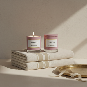 Deux bougies parfumées Sakura Karamat présentées en cadeau