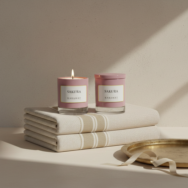 Deux bougies parfumées Sakura Karamat présentées en cadeau