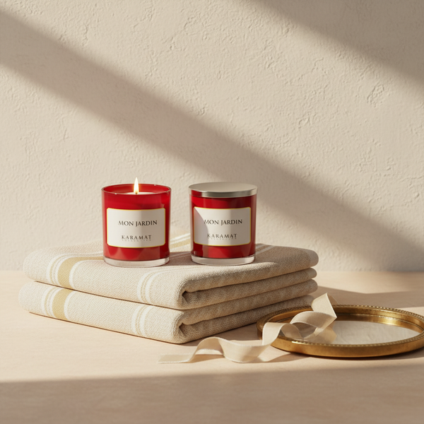 Deux bougies parfumées Mon Jardin Karamat présentées en cadeau