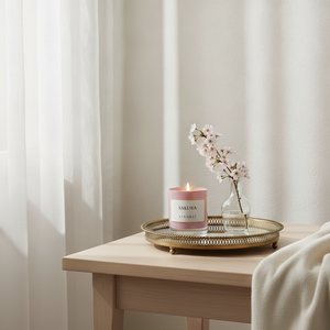 Bougie parfumée Sakura Karamat allumée dans un salon lumineux