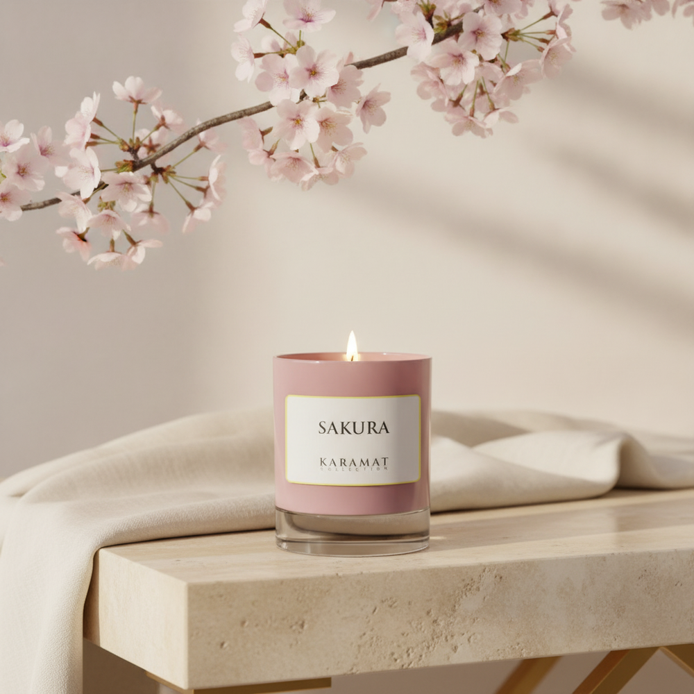 Bougie parfumée Sakura Karamat allumée sur une console en travertin