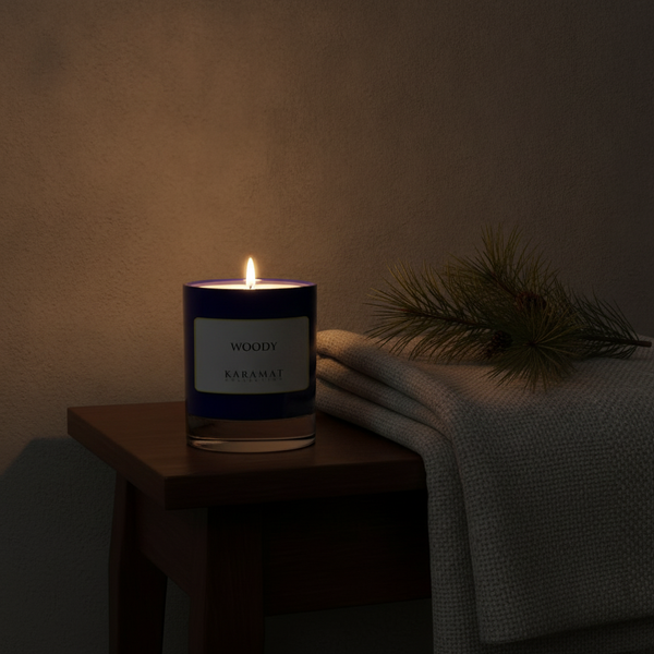Bougie parfumée Woody Karamat allumée le soir