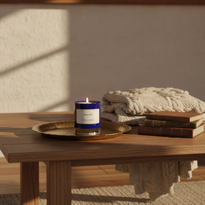 Bougie parfumée Woody Karamat allumée sur une table en bois