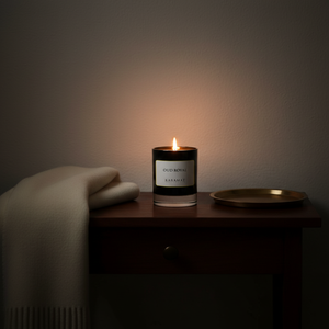 Bougie parfumée Oud Royal Karamat allumée le soir