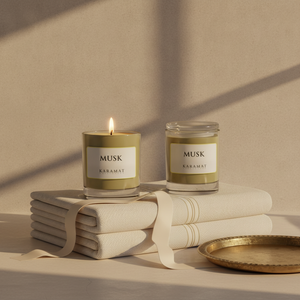 Deux bougies parfumées Musk Karamat présentées en cadeau