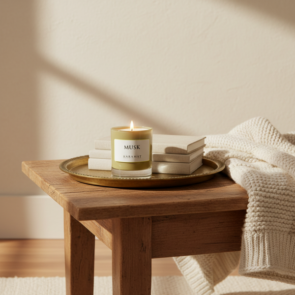 Bougie parfumée Musk Karamat allumée dans un salon