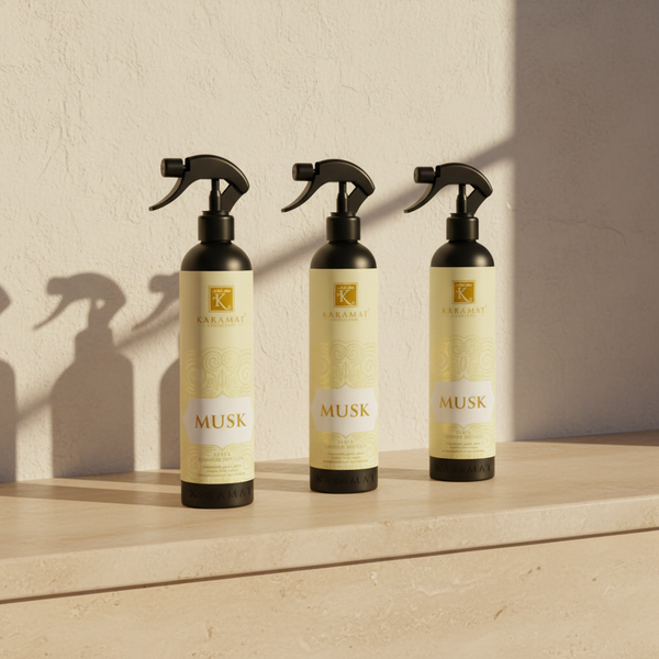 Trois flacons Spray d'ambiance Musk 500 ml Karamat alignés