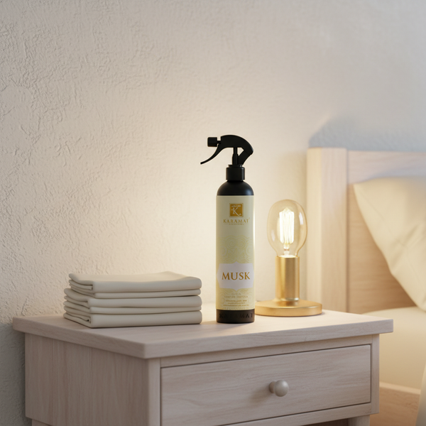 Spray d'ambiance Musk 500 ml Karamat sur une table de chevet