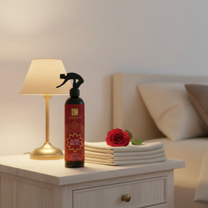 Spray d'ambiance Rose Musc 500 ml Karamat sur une table de chevet