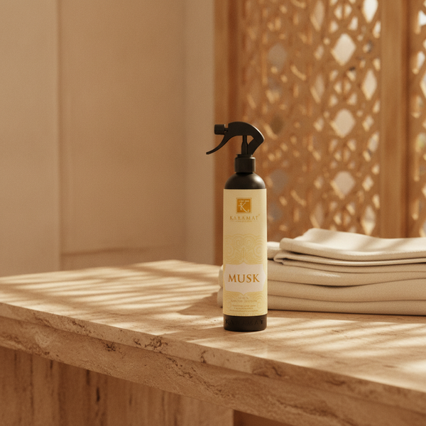 Spray d'ambiance Musk 500 ml Karamat sur une console en travertin