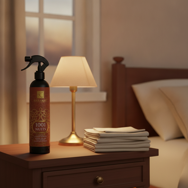 Spray d'ambiance 1001 Nuits 500 ml Karamat sur une table de chevet