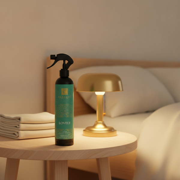 Spray d'ambiance Lovely 500 ml Karamat sur une table de chevet
