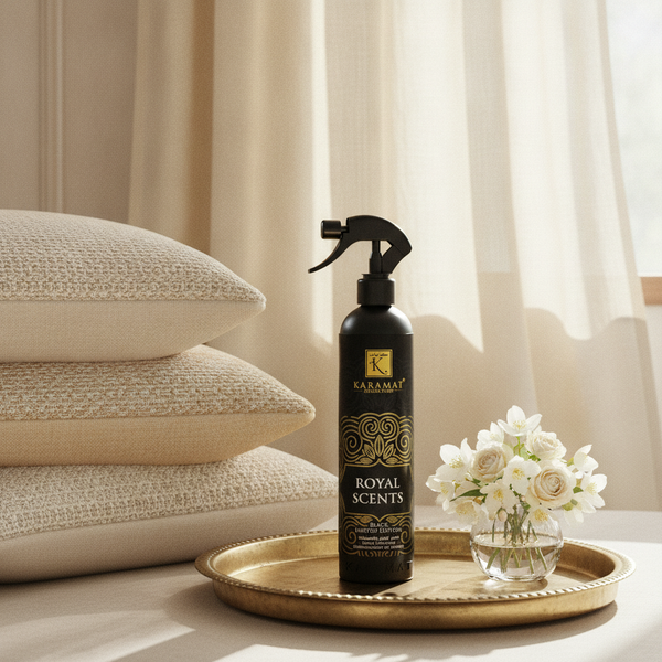 Spray d'ambiance Royal Scents 500 ml Karamat dans un salon fleuri