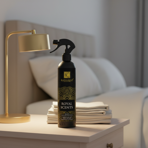 Spray d'ambiance Royal Scents 500 ml Karamat sur une table de chevet