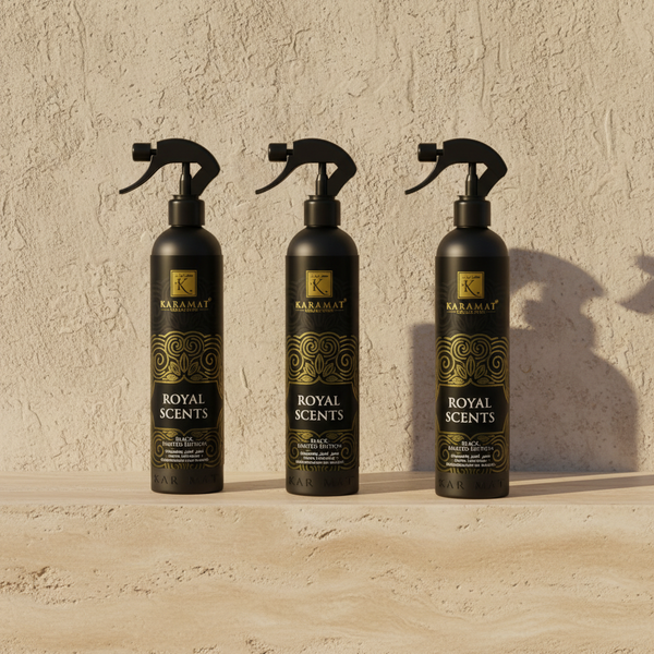 Trois flacons Spray d'ambiance Royal Scents 500 ml Karamat alignés