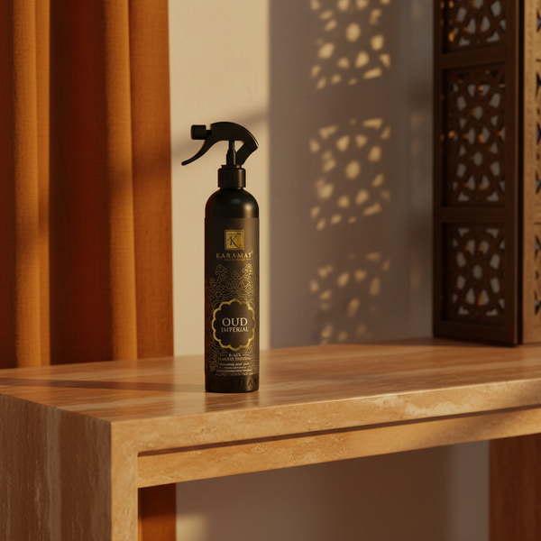 Spray d'ambiance Oudh Imperial 500 ml Karamat sur une console en travertin