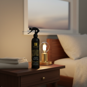 Spray d'ambiance Oud Royal 500 ml Karamat sur une table de chevet