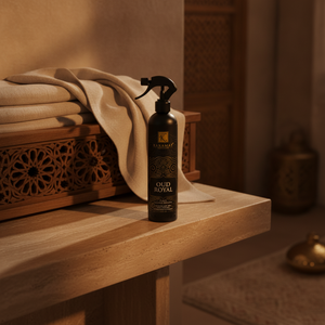 Spray d'ambiance Oud Royal 500 ml Karamat sur une console en travertin