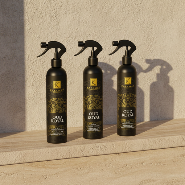 Trois flacons Spray d'ambiance Oud Royal 500 ml Karamat alignés