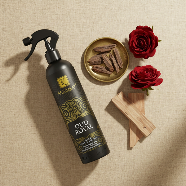 Spray d'ambiance Oud Royal 500 ml Karamat à plat avec bois d'oud et roses