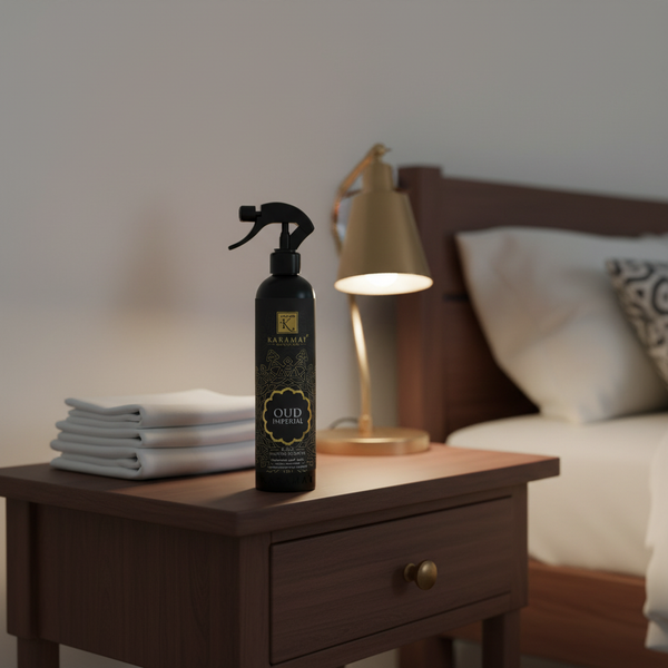 Spray d'ambiance Oudh Imperial 500 ml Karamat sur une table de chevet