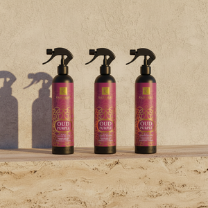 Trois flacons Spray d'ambiance Oud Purple 500 ml Karamat alignés
