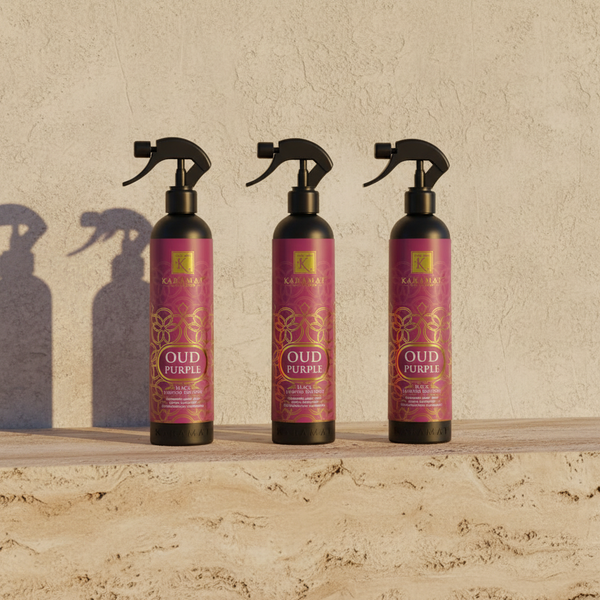 Trois flacons Spray d'ambiance Oud Purple 500 ml Karamat alignés