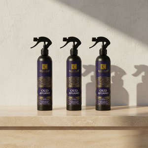 Trois flacons Spray d'ambiance Oud Afgano 500 ml Karamat alignés