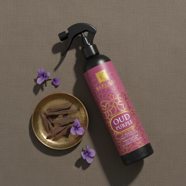 Spray d'ambiance Oud Purple 500 ml Karamat à plat avec oud et fleurs pourpres