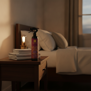 Spray d'ambiance Oud Purple 500 ml Karamat sur une table de chevet