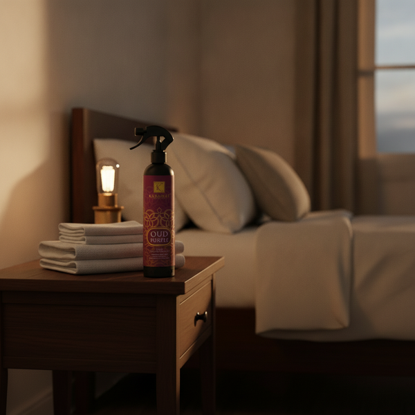 Spray d'ambiance Oud Purple 500 ml Karamat sur une table de chevet