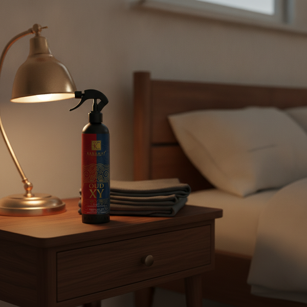 Spray d'ambiance Oud XY 500 ml Karamat sur une table de chevet