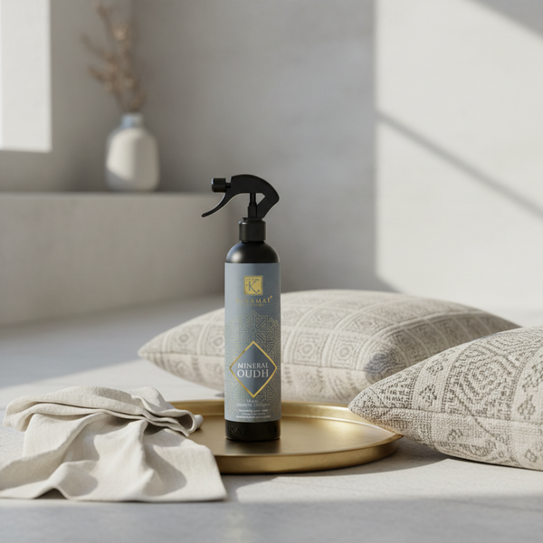Spray d'ambiance Mineral Oudh 500 ml Karamat dans un salon lumineux