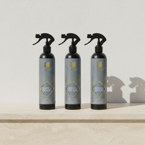 Trois flacons Spray d'ambiance Mineral Oudh 500 ml Karamat alignés