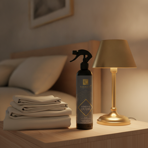 Spray d'ambiance Mineral Oudh 500 ml Karamat sur une table de chevet