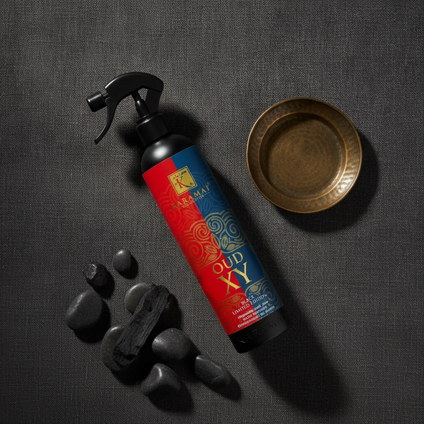 Spray d'ambiance Oud XY 500 ml Karamat à plat avec pierres et bois sombres