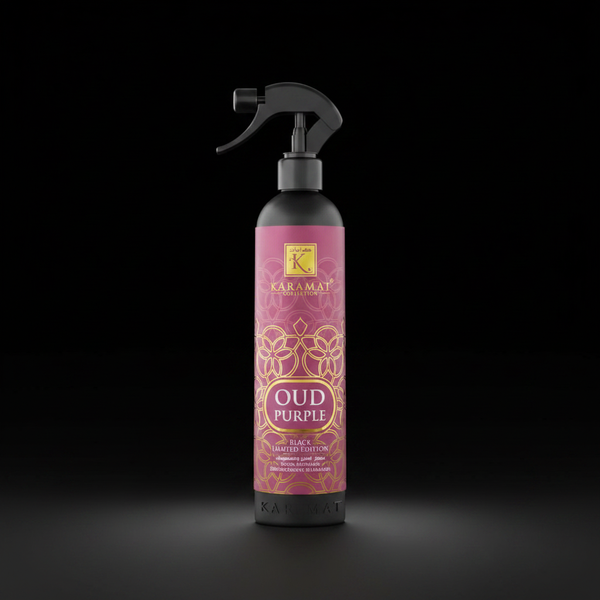 Spray d'ambiance Oud Purple 500 ml Karamat sur fond noir