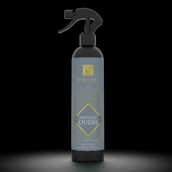 Spray d'ambiance Mineral Oudh 500 ml Karamat sur fond noir