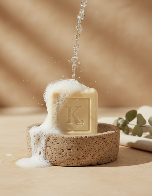 Savon naturel d'escargot 125 g Karamat Cosmetics dans sa coupelle, mousse onctueuse et éclaboussures d'eau