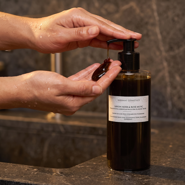 Savon noir liquide 300 ml : une dose de gel lavant versée dans le creux de la main