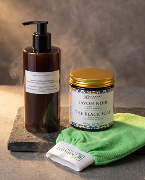 Rituel hammam complet Karamat Collection : savon noir liquide 300 ml, pot beldi 200 ml et gant kessa